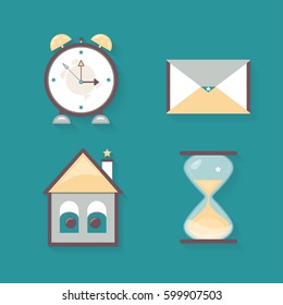 Set of icons on a turquoise background. Vector illustration. Icons of an alarm clock, an envelope, a small house and an hourglass in a style for children