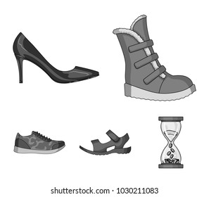 A set of icons on a variety of shoes.Different shoes single icon in monochrome style vector web symbol stock illustration.