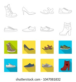 A set of icons on a variety of shoes.Different shoes single icon in outline,flet style vector web symbol stock illustration.