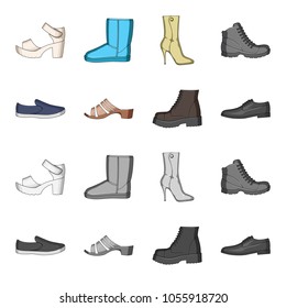A set of icons on a variety of shoes.Different shoes single icon in cartoon,monochrome style vector web symbol stock illustration.