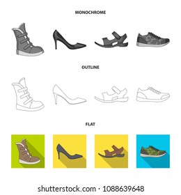 A set of icons on a variety of shoes.Different shoes single icon in flat,outline,monochrome style vector web symbol stock illustration.