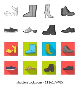 A set of icons on a variety of shoes.Different shoes single icon in monochrome,flat style vector web symbol stock illustration.