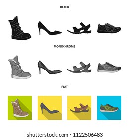 A set of icons on a variety of shoes.Different shoes single icon in black, flat, monochrome style vector web symbol stock illustration.