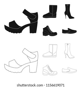A set of icons on a variety of shoes.Different shoes single icon in black,outline style vector web symbol stock illustration.
