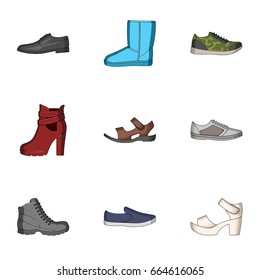 A set of icons on a variety of shoes.Different shoes single icon in cartoon style vector symbol stock illustration.