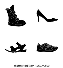 A set of icons on a variety of shoes.Different shoes single icon in black style vector symbol stock web illustration.