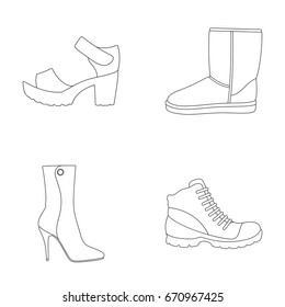 A set of icons on a variety of shoes.Different shoes single icon in outline style vector web symbol stock illustration.