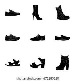 A set of icons on a variety of shoes.Different shoes single icon in black style vector symbol stock illustration.