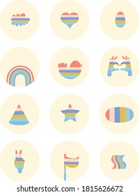 set of icons on various color , rainbow,clowd,heart,egg,bird,hands,flag , All elements are isolated 