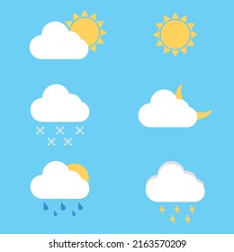 Un conjunto de íconos sobre el tema del tiempo. Sol, nieve, lluvia, tormenta.