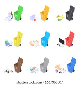 Set of icons on a white background on the topic of waste sorting and recycling. Vector isometric illustration.