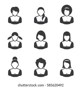 Set of icons on a white background including avatars Women. Vector illustration.