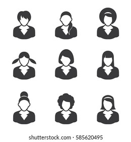 Set of icons on a white background including avatars Women. Vector illustration.