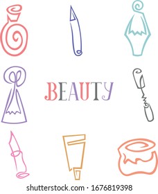 Conjunto de iconos en una línea. Cosméticos e higiene. Tienda de belleza. Salón. Letras.
