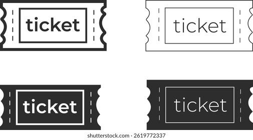 Set of icons of one ticket in four variations, icon of ticket for a match, theater, cinema, concert, etc., ticket icon line and silhouettes in black.