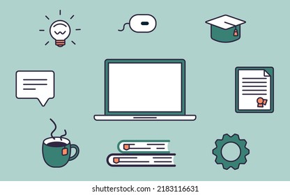 Set of icons for online education. Laptop, academy cap, diploma, bulb, gear, bubble box, mouse pc. Isolated vector illustration for e-learning platform.