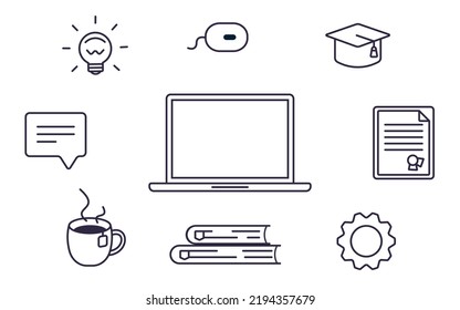 Set of icons for online education. Laptop, academy cap, diploma, bulb, gear, bubble box, mouse pc. Isolated vector illustration for e-learning platform.