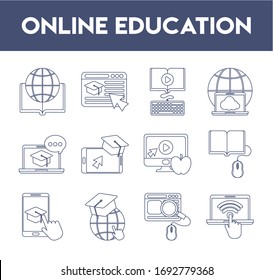 set of icons online education, education technology, line style icon vector illustration design