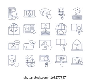 set of icons online education, education technology, line style icon vector illustration design