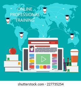 Set icons for online education training, professional education in flat design style