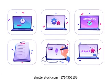 Set of icons online order, designer create idea on graphic tablet, rating or customer feedback with five stars on laptop screen, working process. Software update and brief, Cartoon vector illustration