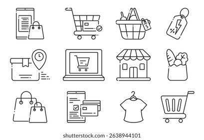 set of icons online shopping and retail activities, featuring carts, smartphones, laptops, and payment methods. Perfect for digital commerce and e-commerce related designs.