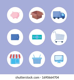 conjunto de iconos para el diseño de ilustraciones vectoriales de compras en línea