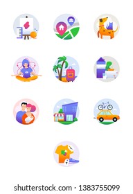 Set of icons for online stores. Each icon is a directory section. Categories: Animals, Family, Places, Locations, Meditation, Food, Transport, Brands, Travel, Hobbies

