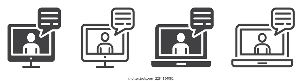 Set of icons online training in computer and laptop. Webinar symbol, video conference, e-learning. Distance workshop, online course, video tuition, vector.