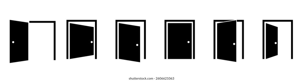Set of icons of open and closed doors. Entrance doors with frame open in different positions.
Vector illustration.