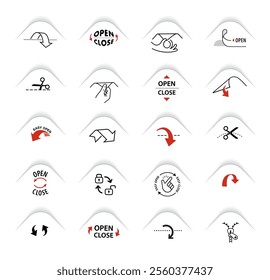 A set of icons for opening packaging. Set for package, shows the place of opening. Vector elements. Ready and simple to use for your design. EPS10.