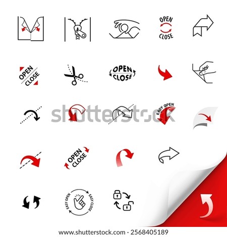 A set of icons for opening packaging. Set for package, shows the place of opening. Vector elements. Ready and simple to use for your design. EPS10.	