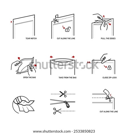 A set of icons for opening pouch bag. Set for package, shows the place of opening. Vector elements. Ready and simple to use for your design. EPS10.