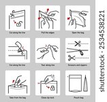 A set of icons for opening zip locks, tear notch on packaging. Zip and scissors vector icon set. Each icon perfect for your food bags, clothes vacuum bags, handbags, slider bags, ziplock bag. EPS10.