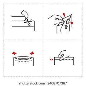 A set of icons for opening zip locks, tear notch on packaging. Set for package, shows the place of opening. Vector elements. Ready and simple to use for your design. EPS10.