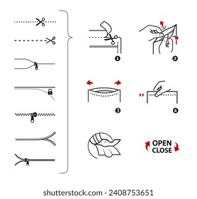 A set of icons for opening zip locks, tear notch on packaging. Set for package, shows the place of opening. Vector elements. Ready and simple to use for your design. EPS10.