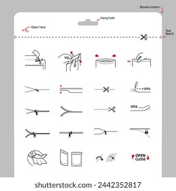 A set of icons for opening zip locks, tear notch on packaging. Set for package, shows the place of opening. Vector elements. Ready and simple to use for your design. EPS10.