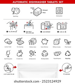 A set of icons for opening zip locks, tear notch on packaging for dishwasher tabs. Set for package, shows the place of opening. Vector elements. Ready and simple to use for your design. EPS10.