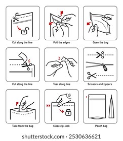 A set of icons for opening zip locks, tear notch on packaging. Zip and scissors vector icon set. Each icon perfect for your food bags, clothes vacuum bags, handbags, slider bags, ziplock bag. EPS10.