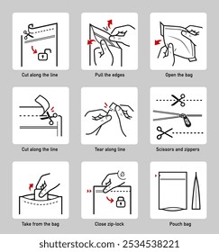 A set of icons for opening zip locks, tear notch on packaging. Zip and scissors vector icon set. Each icon perfect for your food bags, clothes vacuum bags, handbags, slider bags, ziplock bag. EPS10.