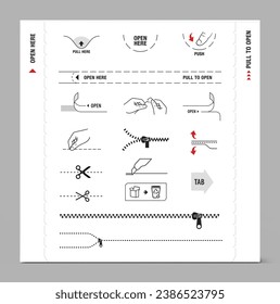 Eine Reihe von Symbolen für Öffnungen, Schlösser, Reißverschluss. Set für Paket, zeigt den Ort der Öffnung. Vektorelemente. Bereit und einfach für Ihr Design zu verwenden. EPS10.