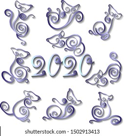 Set of icons. Openwork silhouettes of a rat. Symbol of year and figures a new year. Vector illustration.