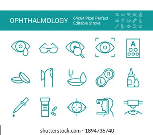 Set of icons of ophthalmology. Editable vector stroke. 64x64 Pixel Perfect.