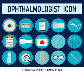 Set icons of ophthalmology on blue background
