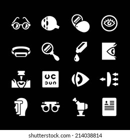 Set icons of ophthalmology and optometry isolated on black. Vector illustration