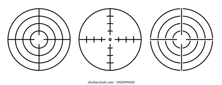 set of icons. Optical sights, target and aim in crosshair. Black and white vector