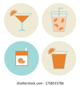 set icons of orange juice. orange juice in glass, cup and box. 