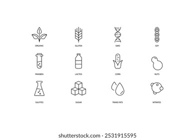 set of icons organic, gluten, gmo, soy, paraben, lactus, corn, nuts, sulfites, sugar, trans fats, and nitrates vector.