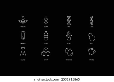 set of icons organic, gluten, gmo, soy, paraben, lactus, corn, nuts, sulfites, sugar, trans fats, and nitrates vector white.