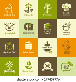 Set of icons for organic and vegetarian food, cooking and restaurants